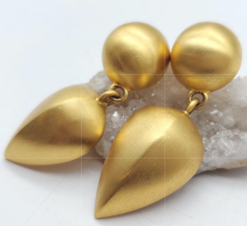 GIVENCHY Brushed Gold Tone Chunky Teardrop Dangle Pierced Earrings Signed